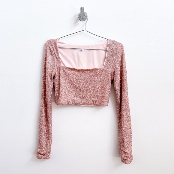 Susana Monaco Long Sleeve Sequin Square Neck Crop Top - Picture 1 of 7